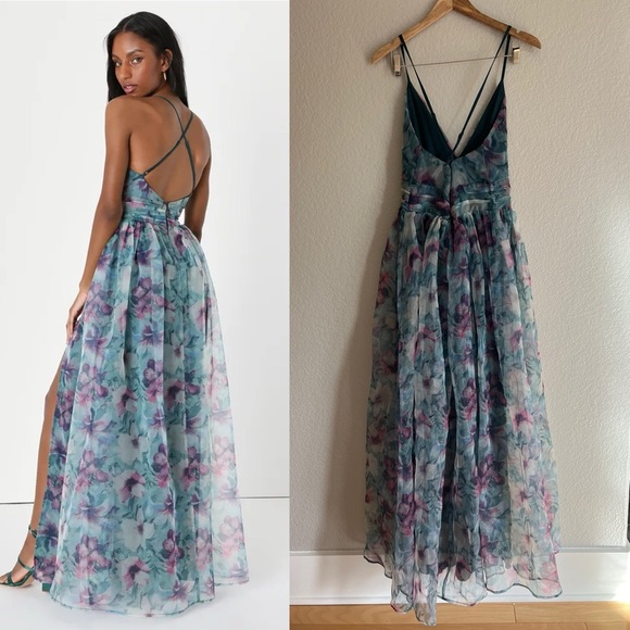 NWOT Romance that Wows Dark Teal Floral Print Organza Maxi Dress - Picture 3 of 5